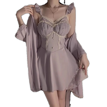 Sexy Pajamas for Women Ice Silk Summer New Style Pure Lust Sweet Lace with Breast Pads Suspender Nightgown Home Clothes Set