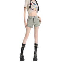 American retro yellow mud-colored denim shorts for women summer new high-waist slim tight hip-hugging pants a-line hot pants