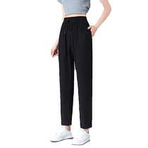 Black Ice Silk Quick-Drying Sports Pants Womens Summer Thin Large Size Pants Elastic Waist Harem Pants Loose Carrot Pants
