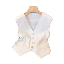 Old money style white linen vest for women summer outer wear French v-neck sleeveless top suit vest