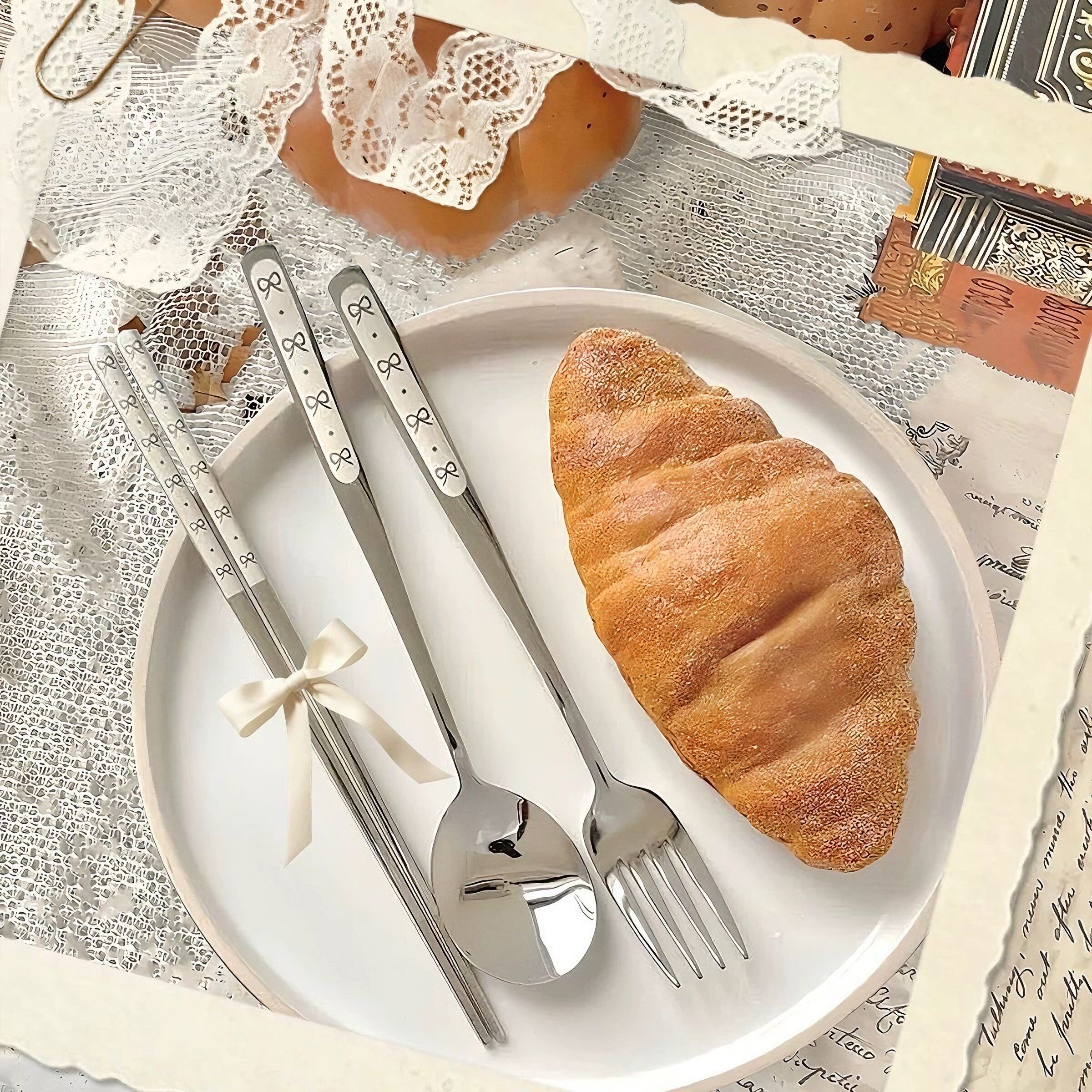 Набор портативных столовых приборов из нержавеющей стали 304 с ложкой, вилкой и палочками для еды в форме банта, трехкомпонентный набор, новые высококачественные ложка и вилка.