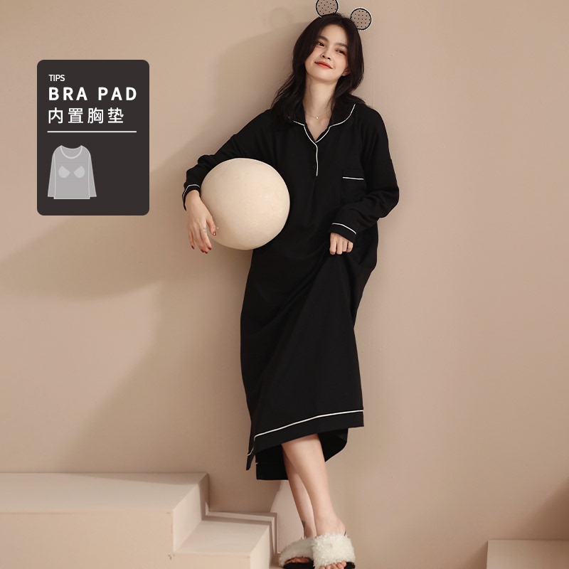 Long-Sleeved Nightgown for Women with Breast Pads, Black Slimming Cotton Silk Maternity Spring and Autumn Pajamas for Women, 2026 New Autumn and Winter Style Long-Sleeved Nightgown for Women with Breast Pads, Black Slimming Cotton Silk Maternity Spring and Autumn Pajamas for Women, 2026 New Autumn and Winter Style