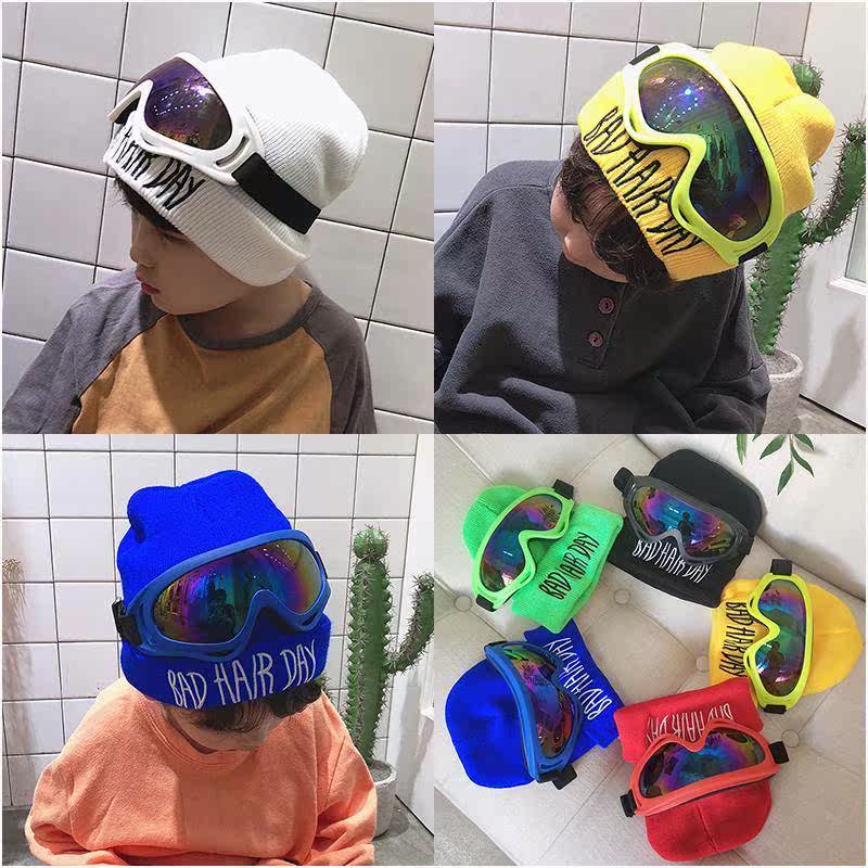 Add velvet children's wool hat tide baby autumn and winter boys and girls knitted hat ski glasses ear protection warm pullover hat