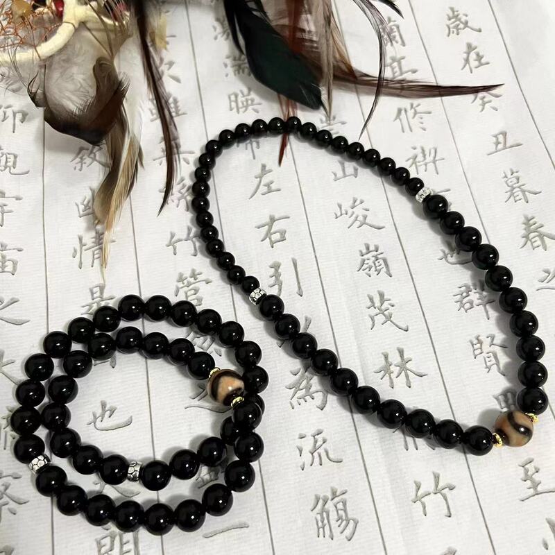 Bamboo Peach Story【Into the Ink Sea】Original Handmade New Chinese Style National Style Couple Double Circle Agate Dzi Bead Bracelet