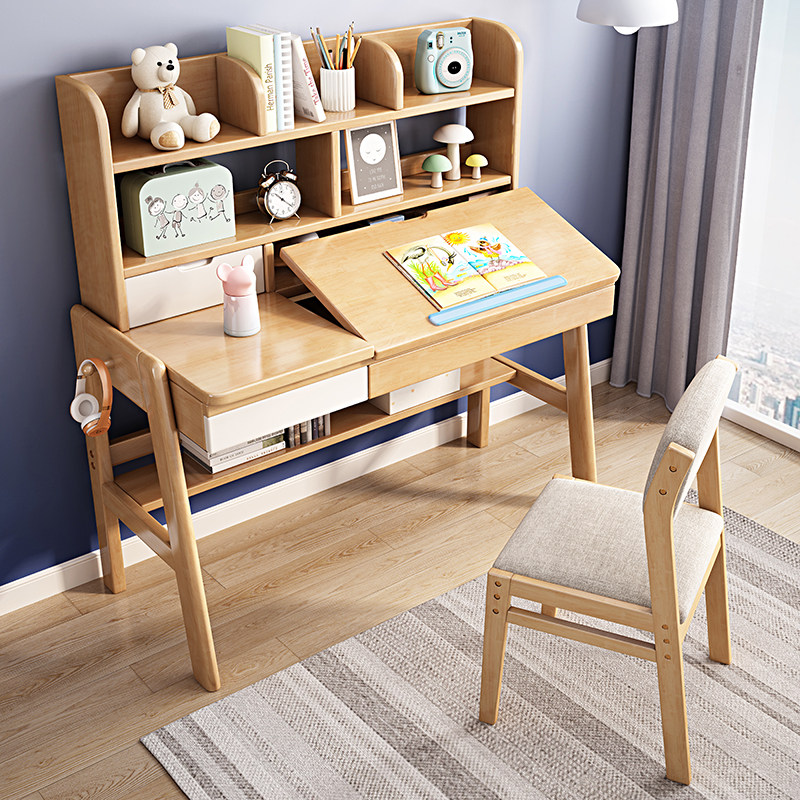 Solid Wood Children Study Table Lifting Desk With Bookshelves Desk Home Schoolboy Book Table And Chairs Suit Correction