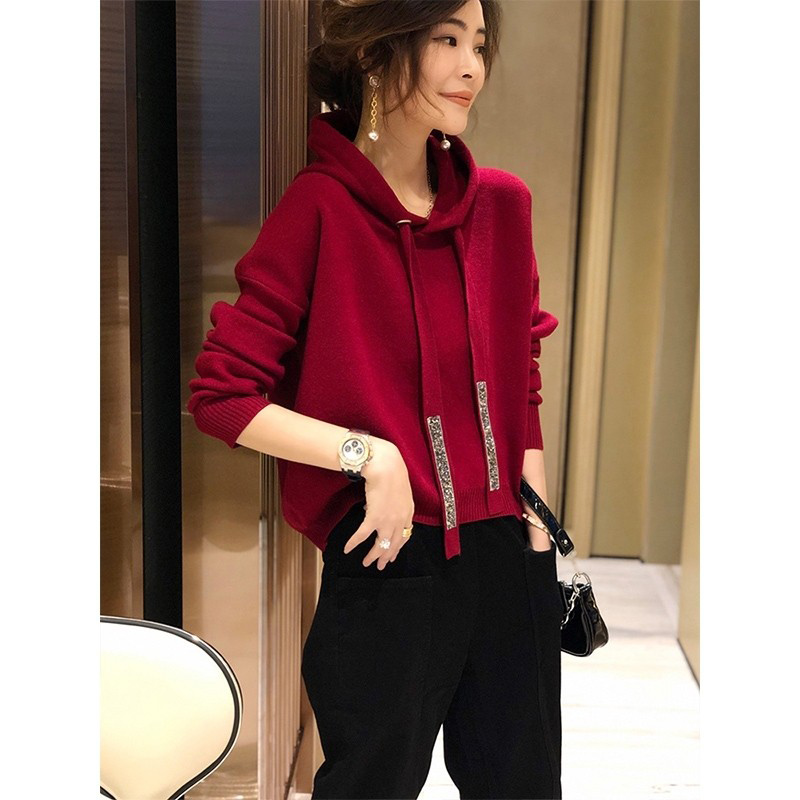 Fashion red knit drawstring hooded pullover casual jacket women autumn new loose casual Joker long sleeve jacket tide