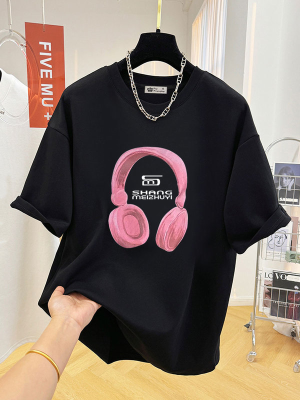 Black Mid-Length Top 2026 Summer New European Style Large Version Pink Headphone Print Pure Cotton Short-Sleeved T-Shirt for Women