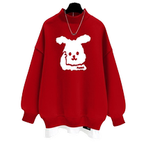 2024 Spring Autumn and Winter New Cute Style Rabbit Graffiti Red Loose Fake Two-Piece Half-Turtle Collar Sweater Womens Plush