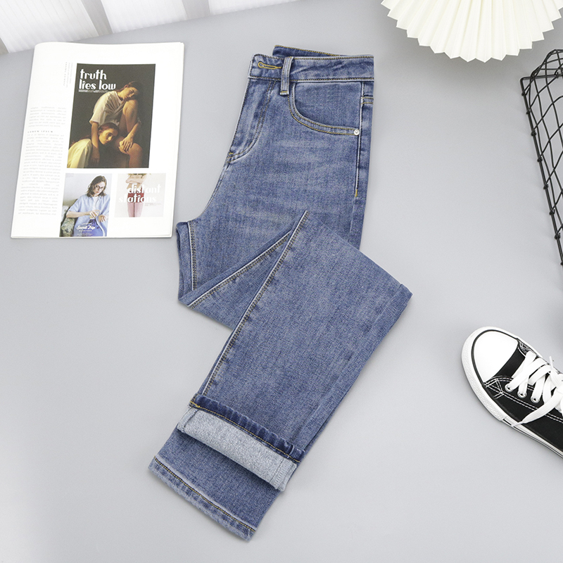 Fleece-Lined Straight-Leg Jeans for Women, High-Waisted, 2024 Autumn and Winter New Style, Loose, Slimming, Cropped Length, Petite, Cigarette Pants