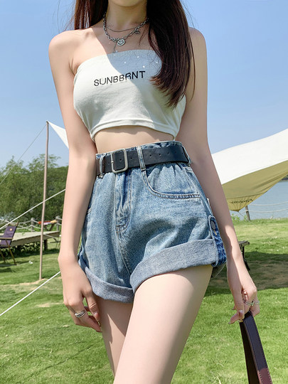 牛仔短裤女高腰2024年夏季新款宽松显瘦复古百搭卷边阔腿a字热裤