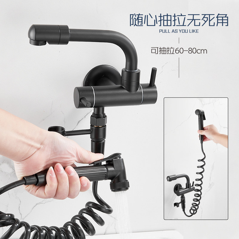 Black full copper lengthened tap into wall type rotating single cold balcony laundry pool mop pool mop pool tap