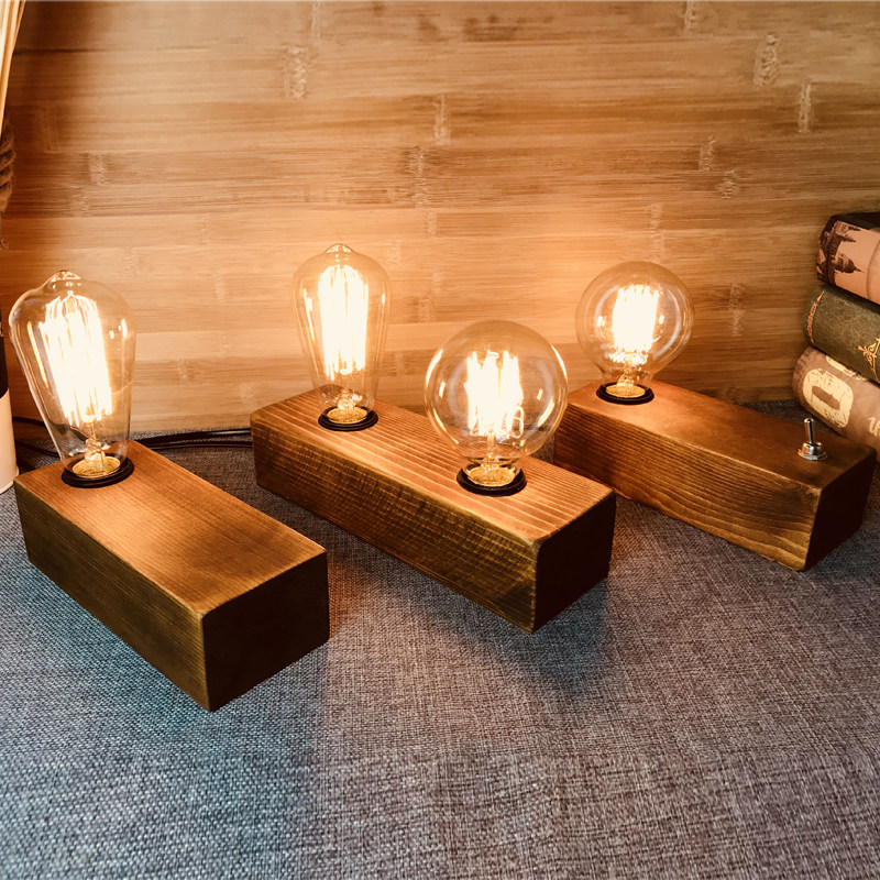 American retro wooden brick decoration small table lamp bedside bedroom study bar coffee dormitory dimming nostalgic night lamp