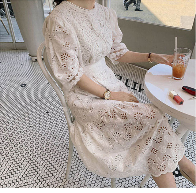 French style high waist temperament gentle wind white lace dress goddess fan summer light familiar wind waist slimming skirt