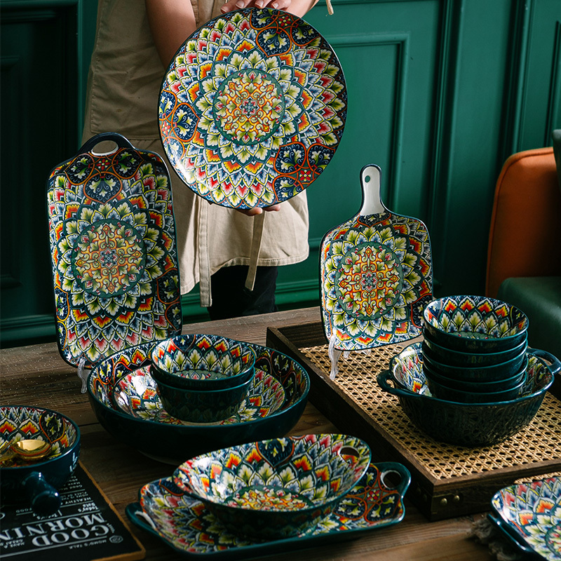 Bohemian Tableware Set, Vintage Household Soup Bowls, Ceramic Bowls and Plates, High-Value Dishes