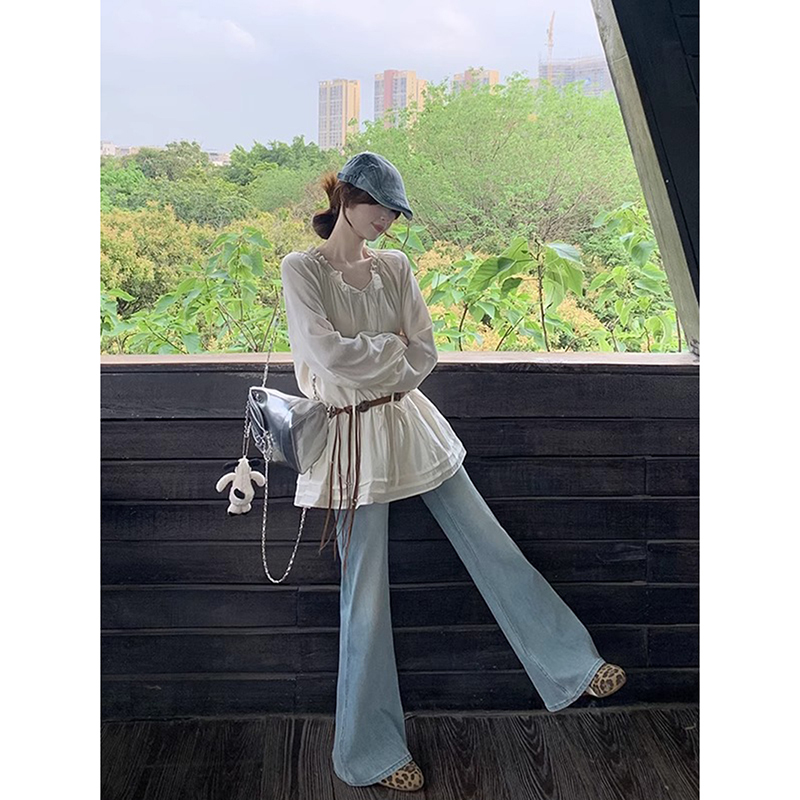 Bohemian Apricot V-Neck Ruffled Sun-Protective Chiffon Blouse for Women, Thin and Slightly Sheer Summer Top with Drawstring