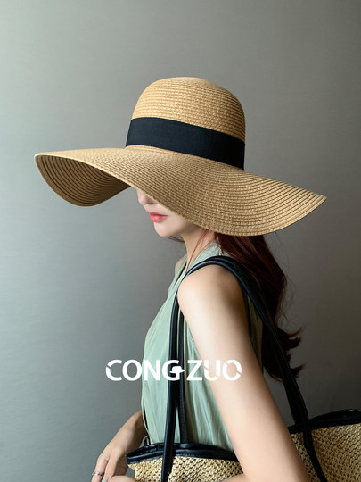 From Zuo big brim straw hat women's summer new bow sun protection sunshade fisherman hat high-definition holiday beach hat