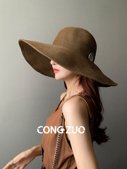 Designer high-definition large brim straw hat for women summer sun protection fisherman hat folding straw hat sun hat