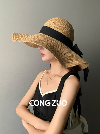 从佐高定草编大檐渔夫帽海边拍照沙滩度假草帽遮阳防晒帽子女夏季
