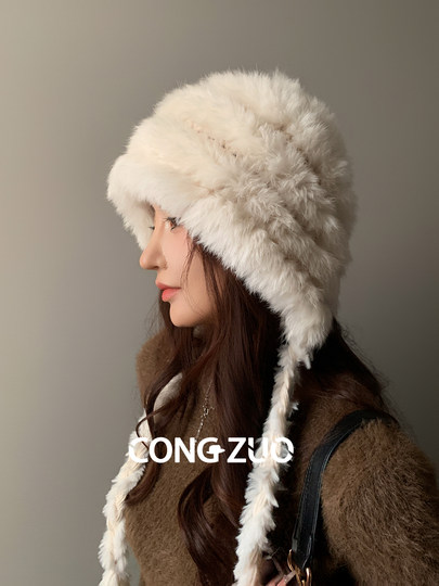 『从佐』兔毛混纺帽子女冬季大头围显脸小毛绒针织护耳新款包头帽