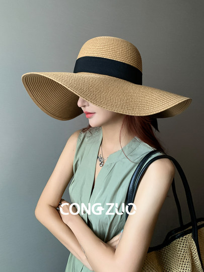 From Zuo big brim straw hat women's summer new bow sun protection sunshade fisherman hat high-definition holiday beach hat