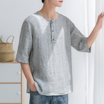 Linen short-sleeved shirt mens summer middle-aged and old size dad casual Chinese style loose five-point clothes