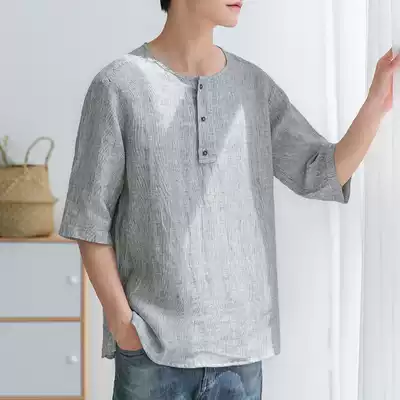 Linen short-sleeved shirt men's summer middle-aged and elderly big size dad casual Chinese style loose five-point clothes