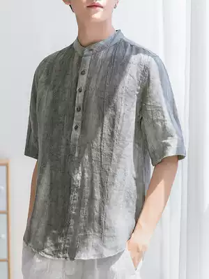 Linen short-sleeved T-shirt Men's summer large size casual five-and-a-half sleeves Retro stand-up collar 7 seven-point cotton and linen top clothes