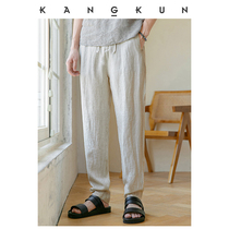 Pure linen pants men drawstring summer thin loose straight casual pants Chinese style cotton linen nine-point long pants