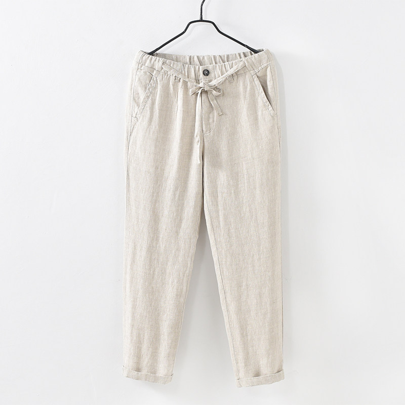 Summer men's Breathable linen pants loose straight nine long pants beach elastic pants cotton linen thin casual