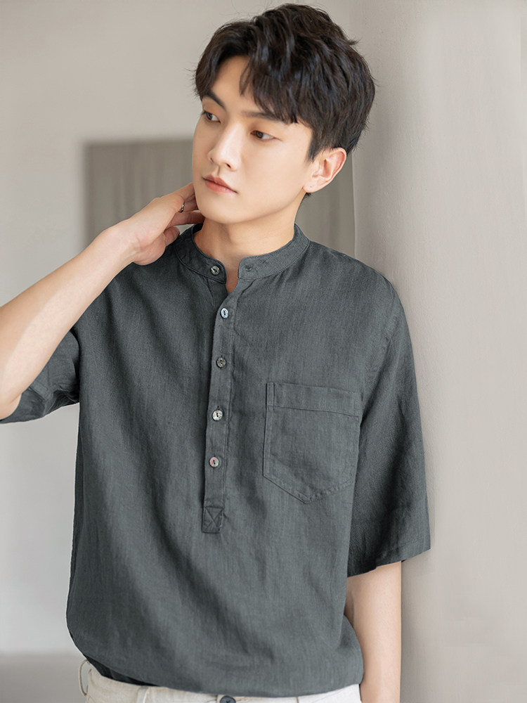 Linen short-sleeved T-shirt men's Chinese style 7 three-point sleeves summer loose stand-up collar middle sleeve casual cotton and linen top clothes