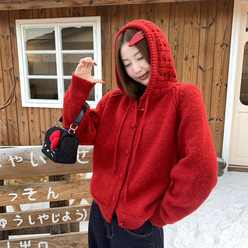 Red Sweater Cardigan Jacket for Women 2026 New Autumn and Winter Outerwear Hooded Knitwear New Year Outfit Winter Top