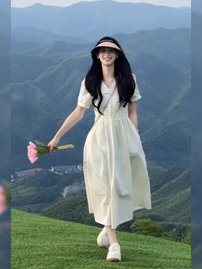 清纯温柔风初恋大摆长裙子女夏日新款气质收腰甜美v领短袖连衣裙