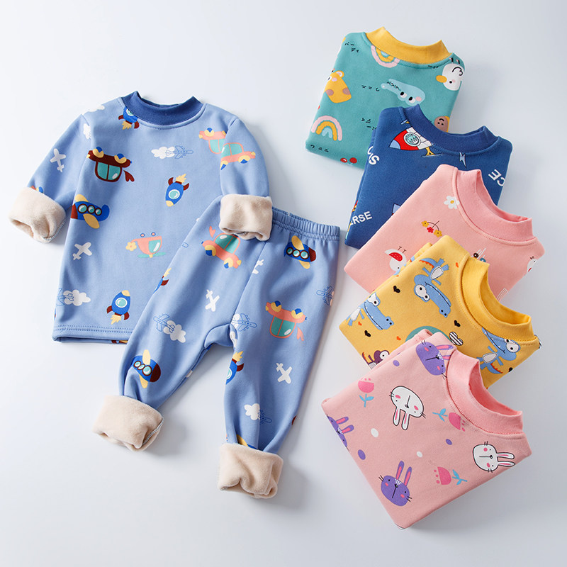 Children's thermal underwear suit plus velvet thickening winter boy boy baby autumn clothes sanitary pants girls warm clothes middle collar