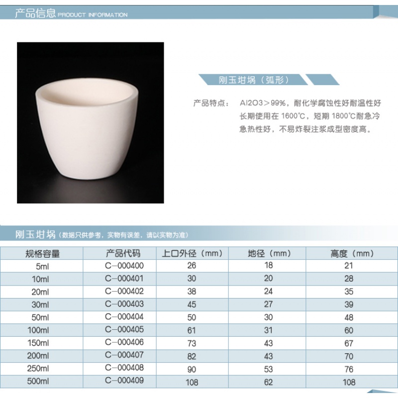 Corundum crucible Alumina crucible Volatile moisture crucible High temperature arc crucible5 10 20 30 50