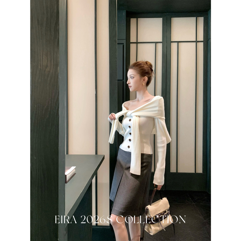 Jupiter Eira Fake Two-Piece Shawl-Style Tie Cardigan Sweater for Women, Spring Slim-Fit Short Retro Knit Top