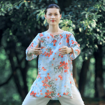 Indifferent to the dust comes with fairy ramie tai chi clothes for womens summer thin Taijiquan practice clothing cotton and linen mid-sleeves