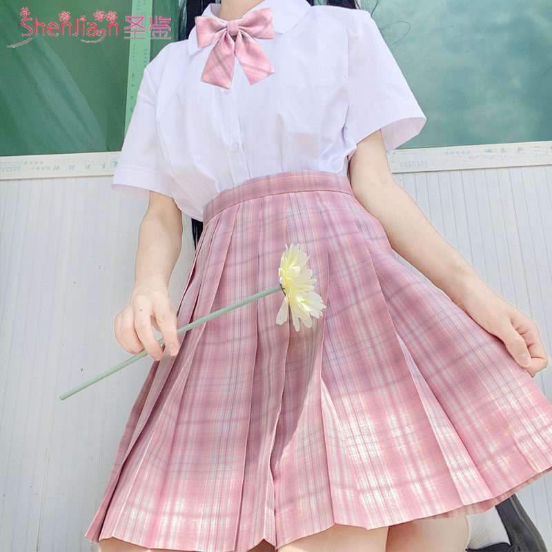 (Teenage Hearts Affair) jk uniform pink goskirt suit full set of women first summer short sleeves set of cute 100 pleats dresses