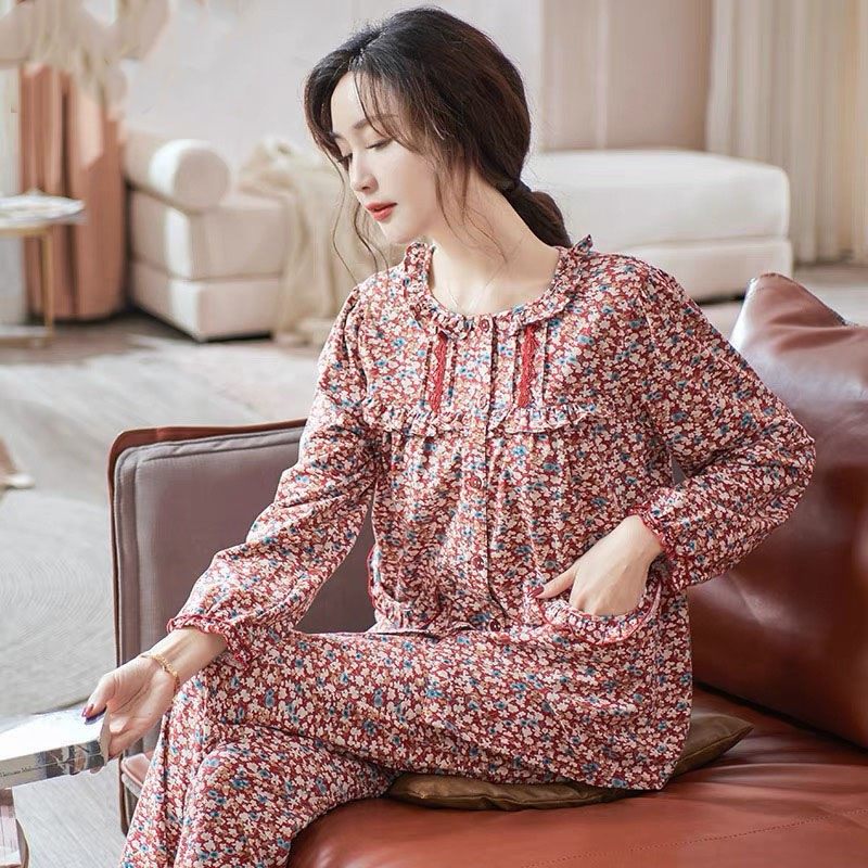 100% pure cotton long sleeve pyjamas lady cardiovert Korean version large size mom's home clothes can be worn outside full cotton set for autumn and winter