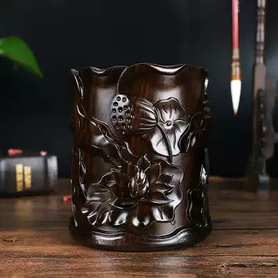 Hongyantang mahogany carving pen holder retro Chinese style business office supplies desktop ornaments Ebony log solid wood study four treasures gifts