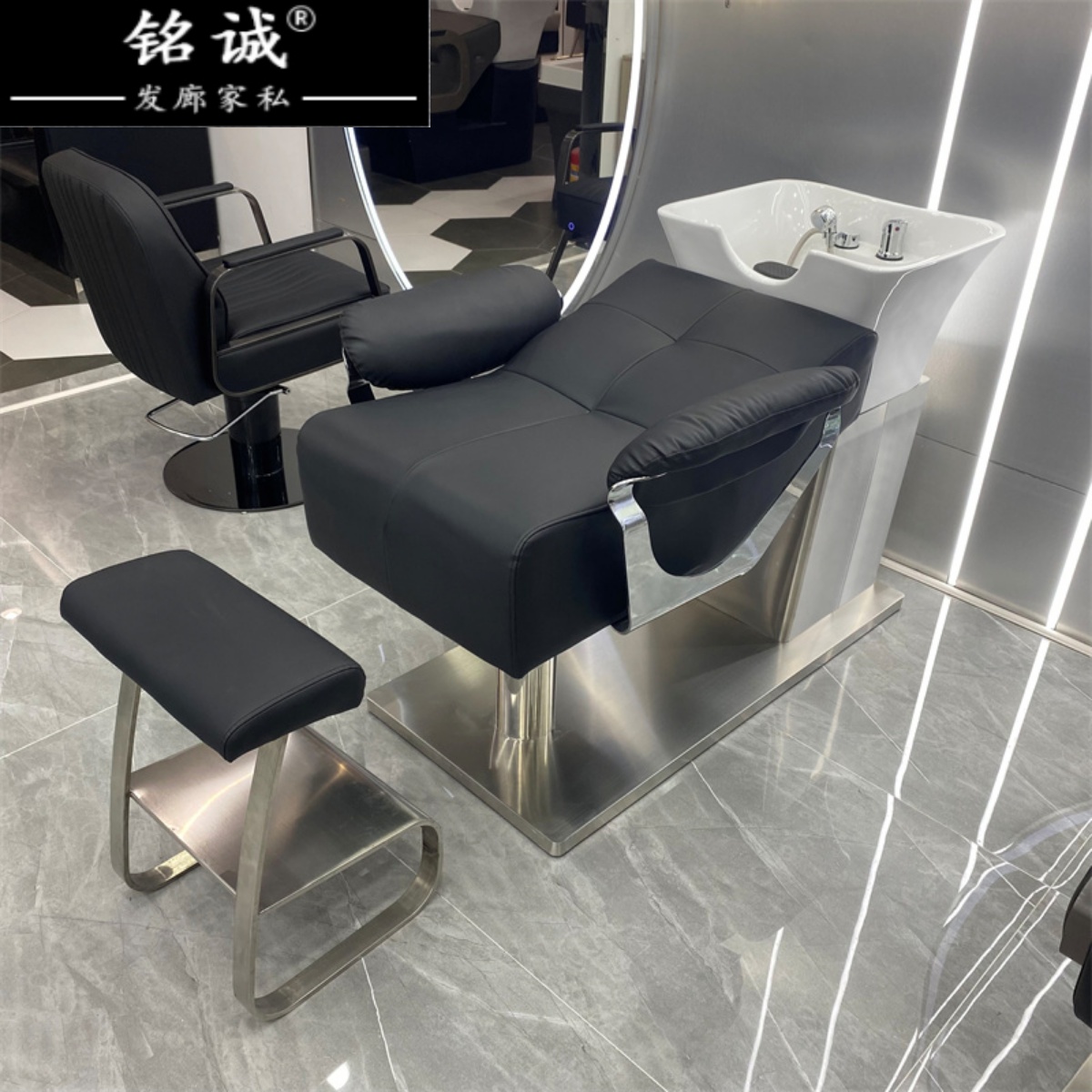 New high-end net red hairdresse shop semi-reclining shampoo bed stainless steel minimalist ceramic semi-reclining type washing head bed