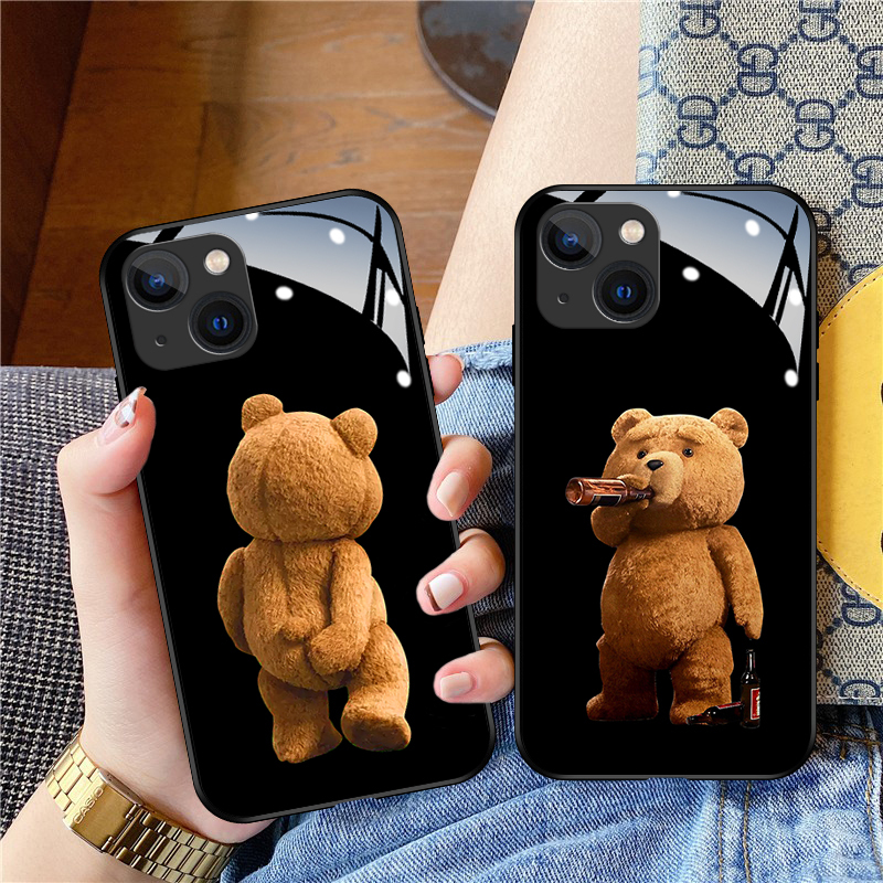 Creative Teddy Bear Tempered Glass Phone Case for Apple 13, Shockproof 13Pro for Men and Women, 11 Cartoon Xr New Model Xsmax Soft Edge Full Coverage 7/8Plus Protective Case