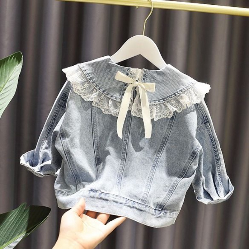 Cô gái denim jacket mùa xuân và mùa thu 2020 trẻ em mới của phiên bản Hàn Quốc của mùa xuân váy bé loose-fitting ren đầu