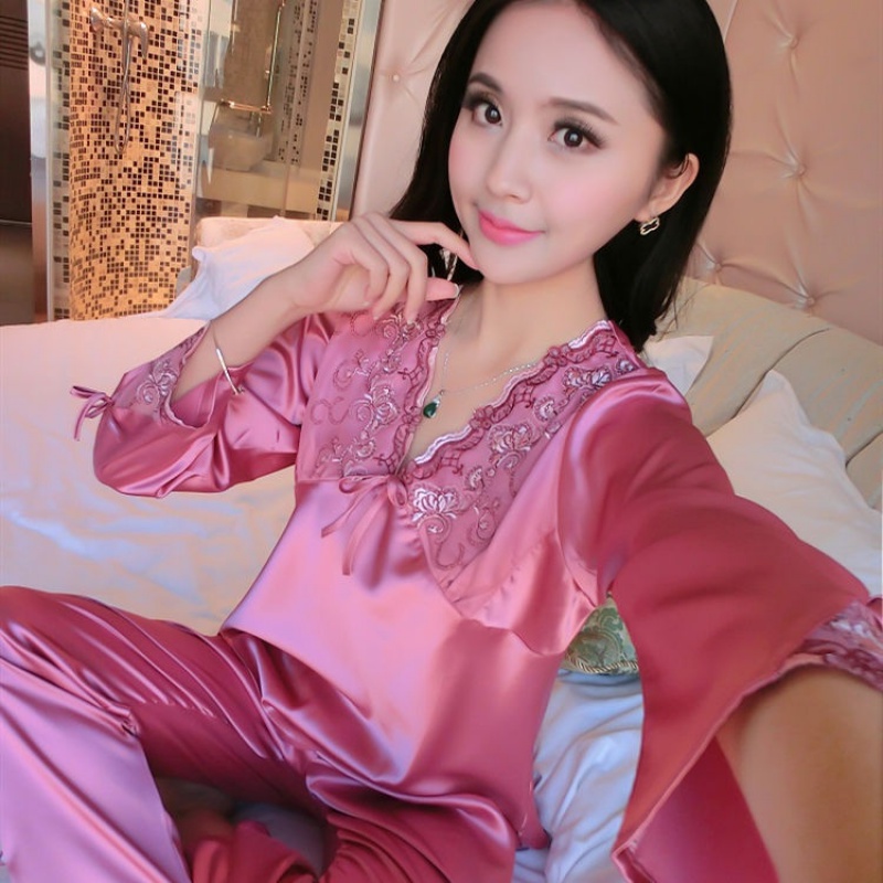 Mùa xuân và mùa thu quần dài tay mỏng đồ ngủ lụa phụ nữ tenave lụa băng mùa hè sexy chất béo cộng với mã ngắn tay quần áo nhà