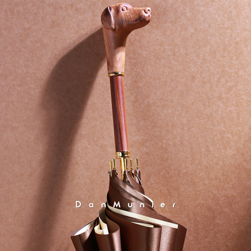 DanMunier creative long handle wooden handle light luxury gentleman dog solid color large umbrella Chinese style retro sunny umbrella - Taobao