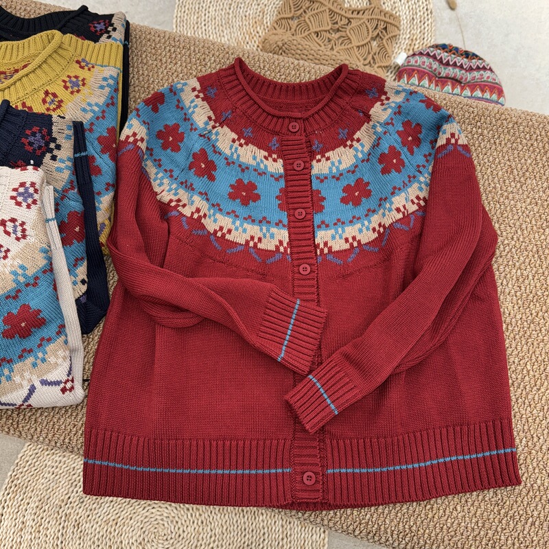 [Recommended by Sister Ping] 2026 Spring Festival New Fair Isle Round Neck Jacquard Knit Fashion Small Floral Sweater Jacket