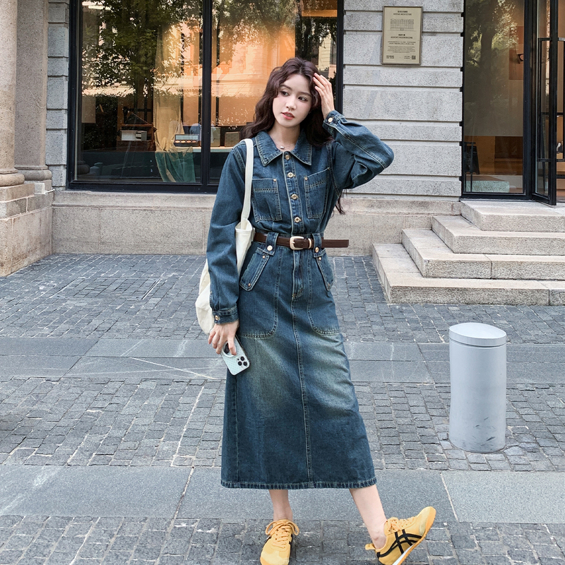 Hong Kong Style Retro Denim Dress for Women, Mid-Length, 2026 Spring New Style, Waist-Cinching, Slimming, High-End Long-Sleeved Shirt Dress