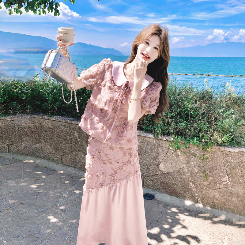 Pink Socialite-Style Outfit for Women, 2026 Summer New Model, Three-Dimensional Floral Doll Collar Top and Skirt Two-Piece Set Pink Socialite-Style Outfit for Women, 2026 Summer New Model, Three-Dimensional Floral Doll Collar Top and Skirt Two-Piece Set