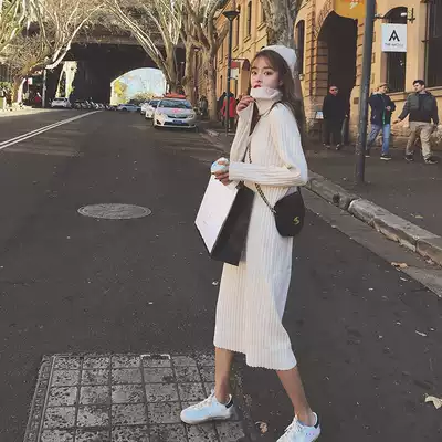 Loose inner sweater women 2021 new autumn and winter Korean version of long version lazy wind over the knee knitted dress tide