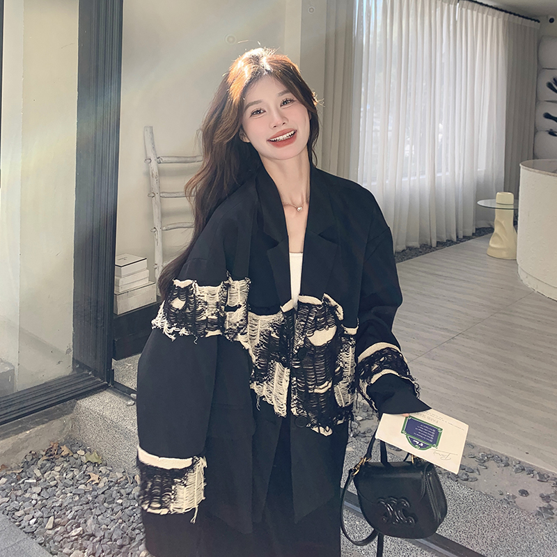 Black Designer-Style Niche Hollow-Out Fringed Blazer for Women, 2026 Spring New Style, Lazy Style Fashion Small Suit Black Designer-Style Niche Hollow-Out Fringed Blazer for Women, 2026 Spring New Style, Lazy Style Fashion Small Suit