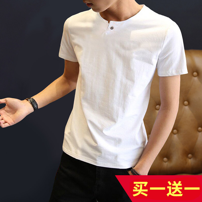 Men's Short Sleeve T-Shirt Cotton V-Neck Slim Tide Brand Summer Men's Top Clothes Summer White Ice Silk Half Sleeve T-Shirt